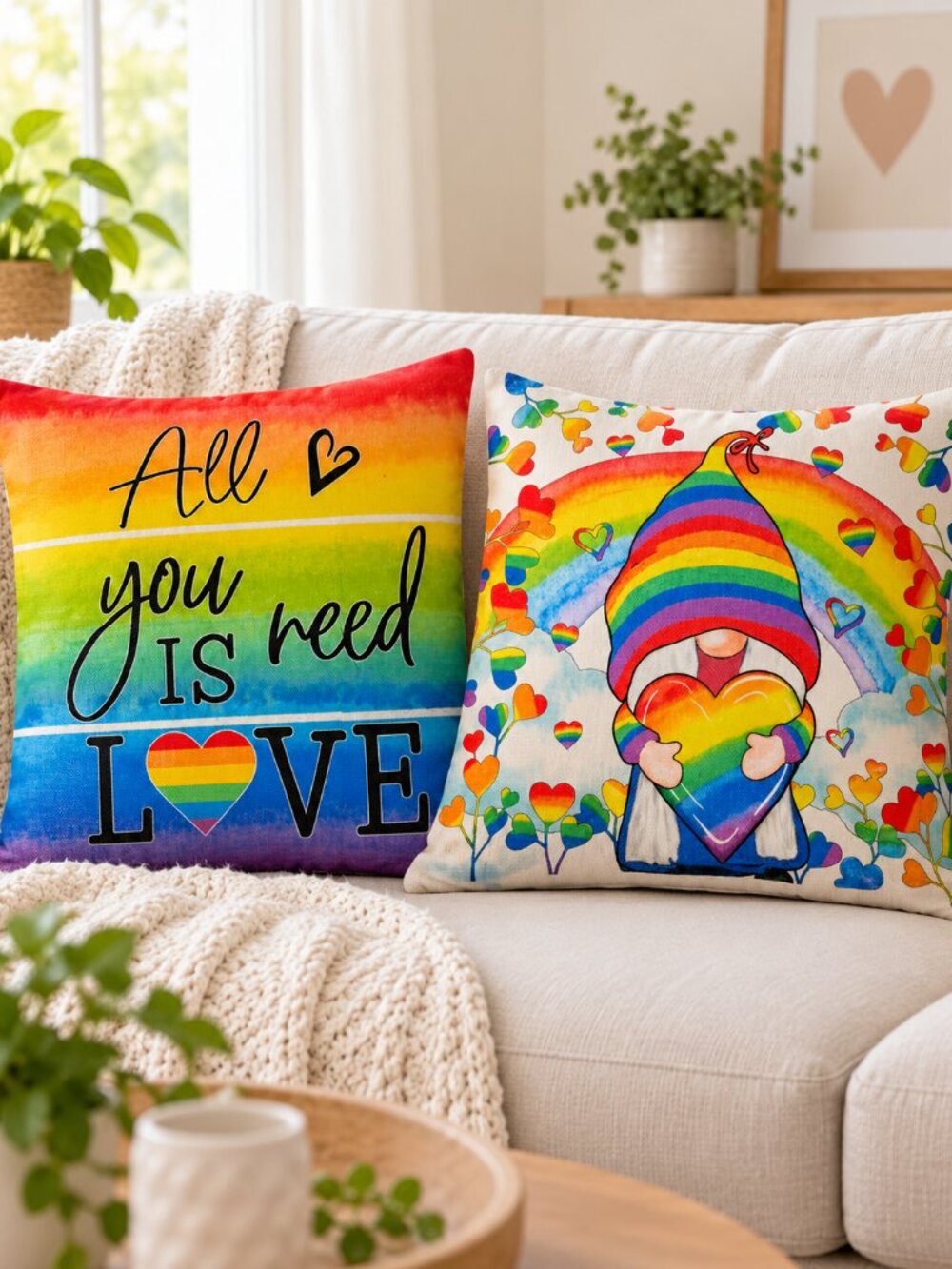 Set of 2 Rainbow Gnome Pride Cushion Covers 19x19 Love Decor